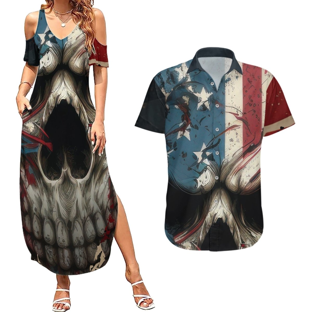 American Flag Skull Couples Matching Summer Maxi Dress and Hawaiian Shirt I'm Not Anti - Social I'm Just Not User Friendly TS04 - The Mazicc - S - S - Multicolor