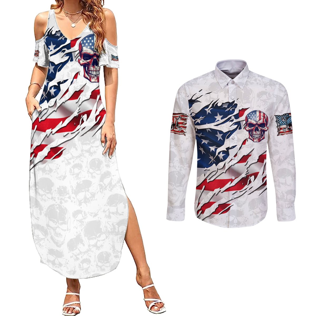 American Flag Skull Couples Matching Summer Maxi Dress and Long Sleeve Button Shirt DT02 - The Mazicc - S - S - White