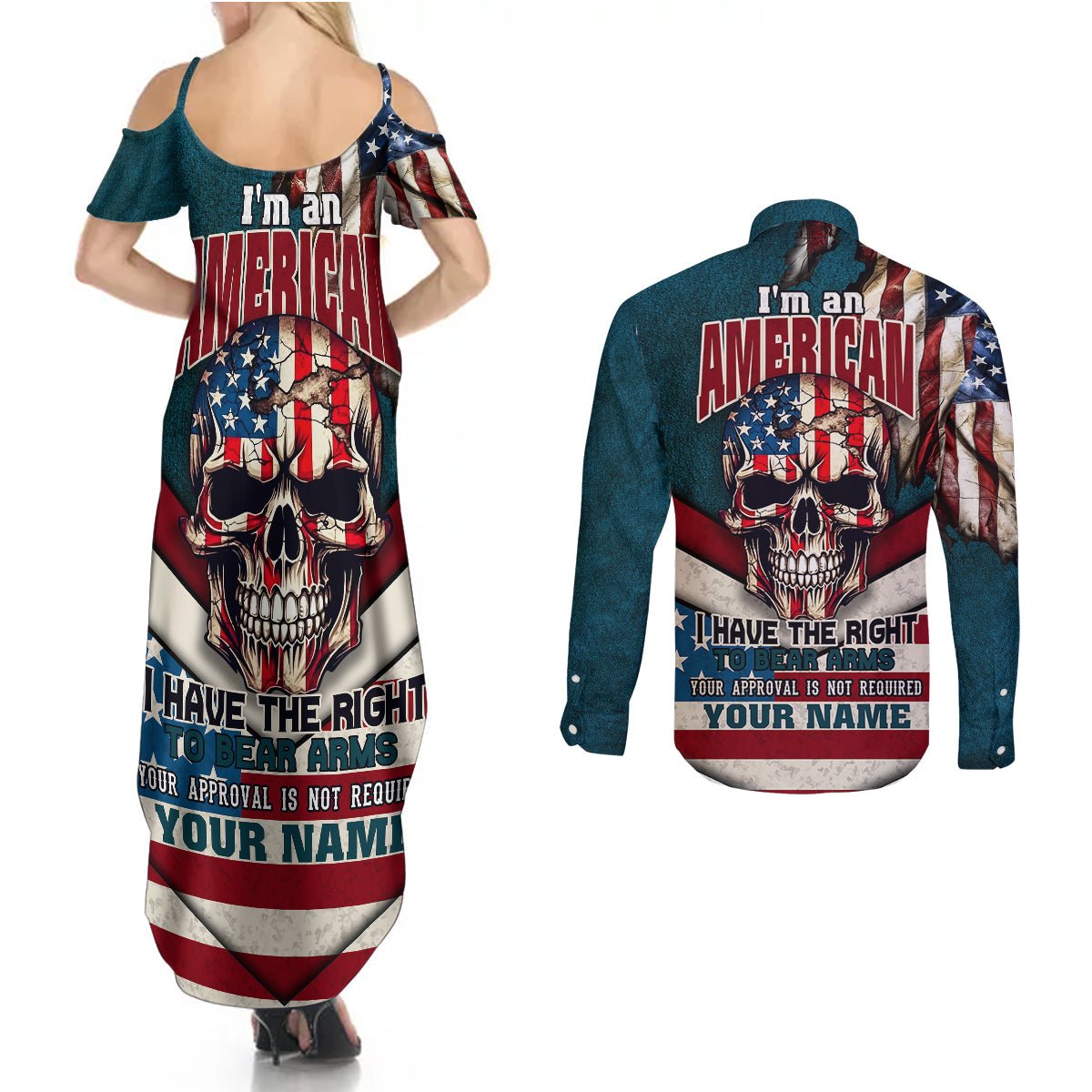 American Flag Skull Couples Matching Summer Maxi Dress and Long Sleeve Button Shirts I'm an American I Have The Right To Bear Arms Your Approval Is Not Required TS04 - The Mazicc - S - S - Dark Cyan