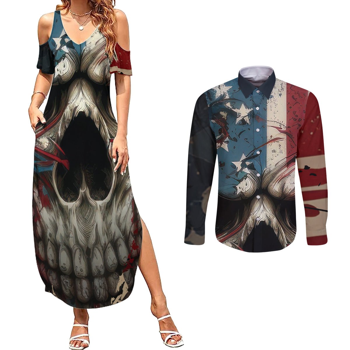 American Flag Skull Couples Matching Summer Maxi Dress and Long Sleeve Button Shirts I'm Not Anti - Social I'm Just Not User Friendly TS04 - The Mazicc - S - S - Multicolor