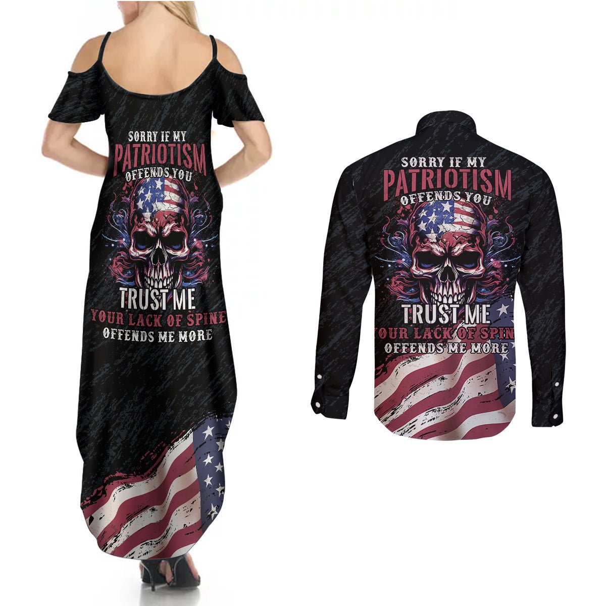 American Flag Skull Couples Matching Summer Maxi Dress and Long Sleeve Button Shirts Sorry If My Patriotism Offends You Trust Me TS04 - The Mazicc - S - S - Black Grunge