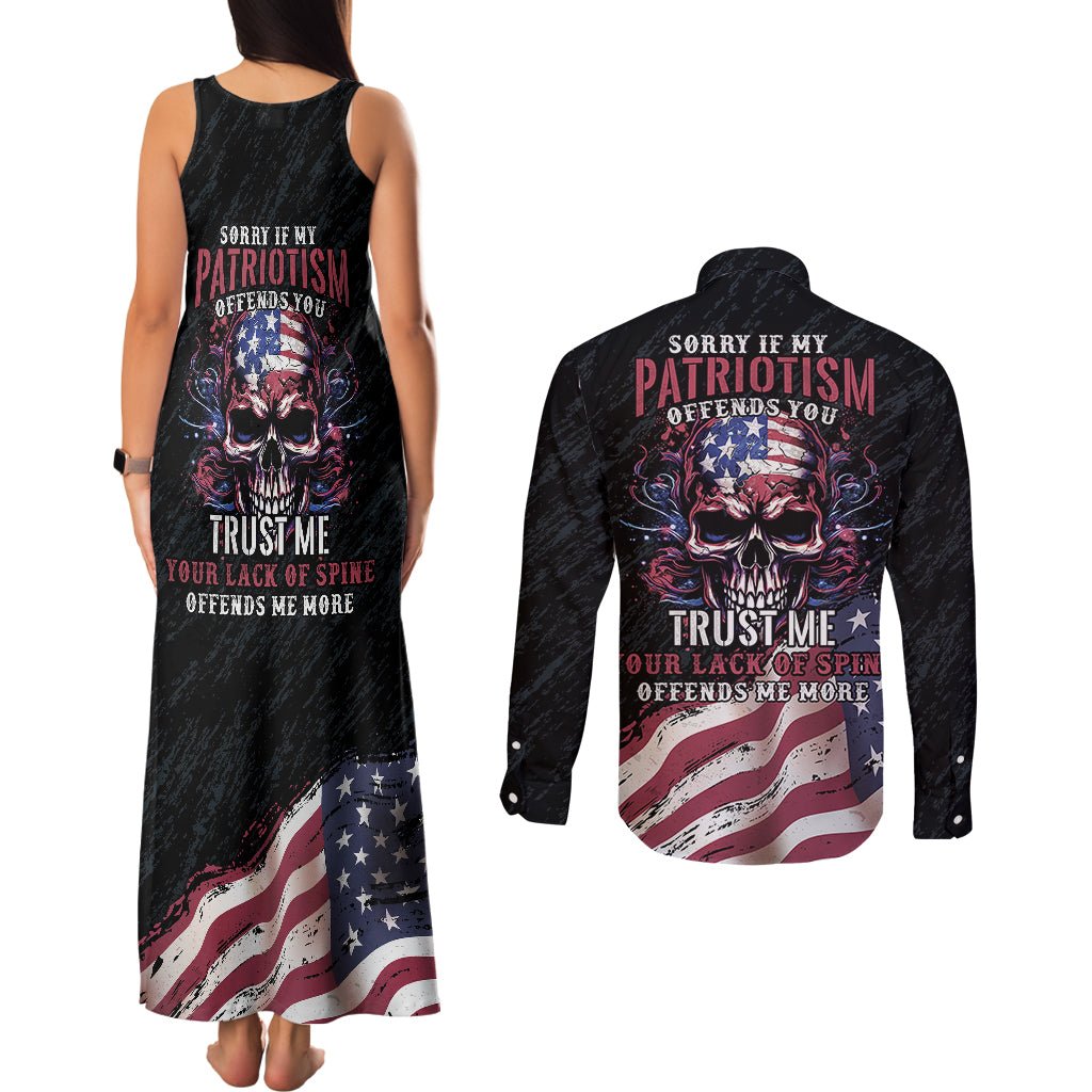 American Flag Skull Couples Matching Tank Maxi Dress and Long Sleeve Button Shirts Sorry If My Patriotism Offends You Trust Me TS04 - The Mazicc - S - S - Black Grunge