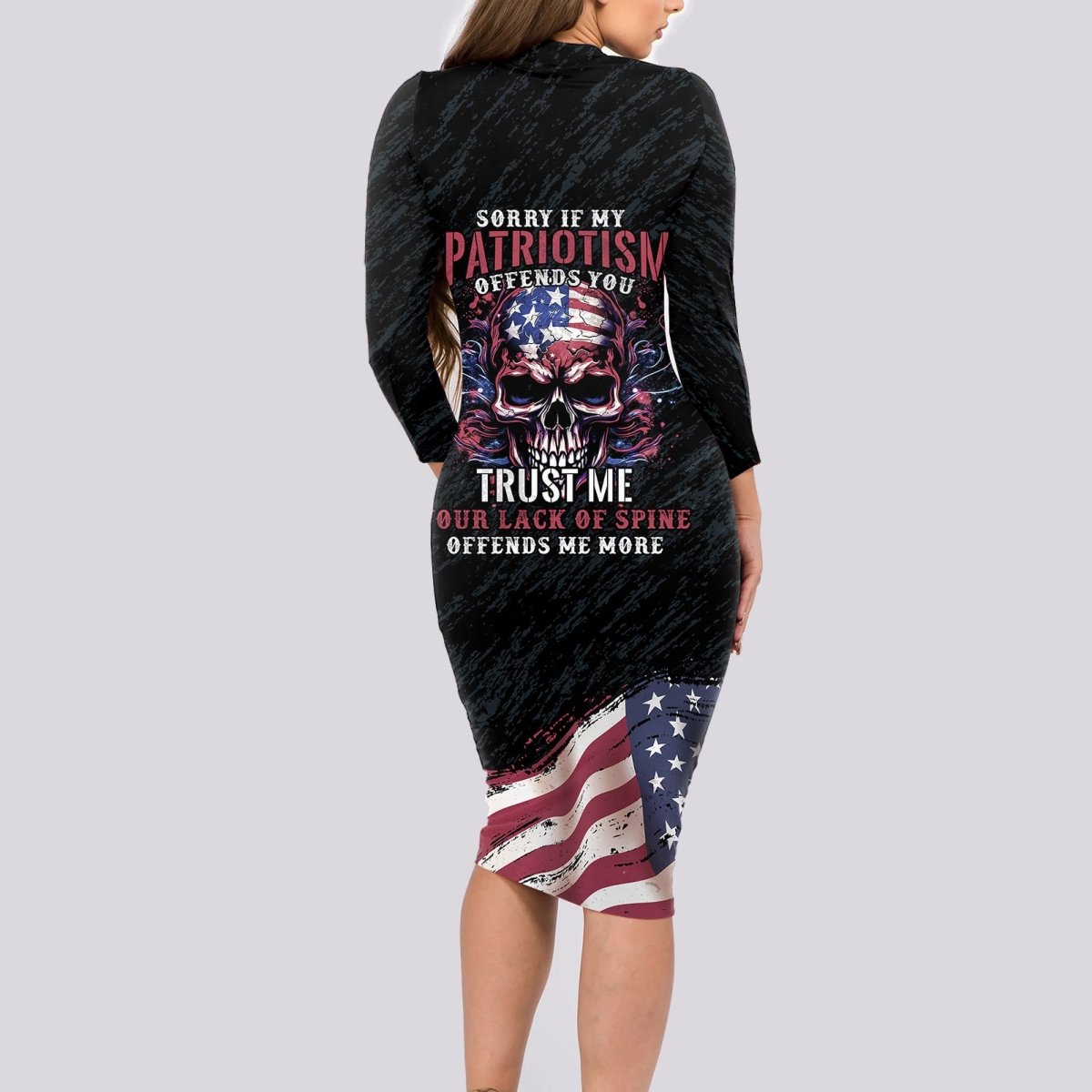 American Flag Skull Long Sleeve Bodycon Dress Sorry If My Patriotism Offends You Trust Me TS04 - The Mazicc - Long Dress - S - Black Grunge