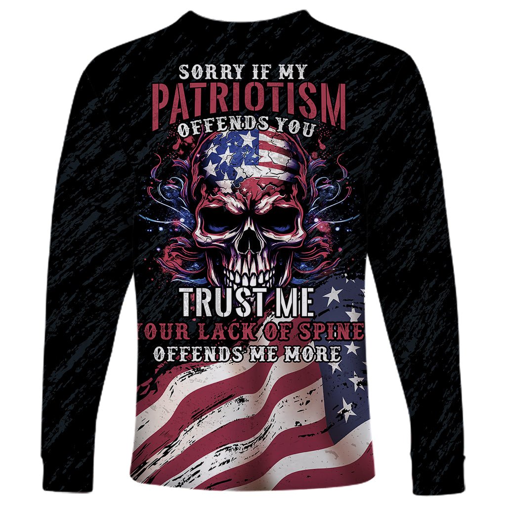 American Flag Skull Long Sleeve Shirt Sorry If My Patriotism Offends You Trust Me TS04 - The Mazicc - Unisex - S - Black Grunge