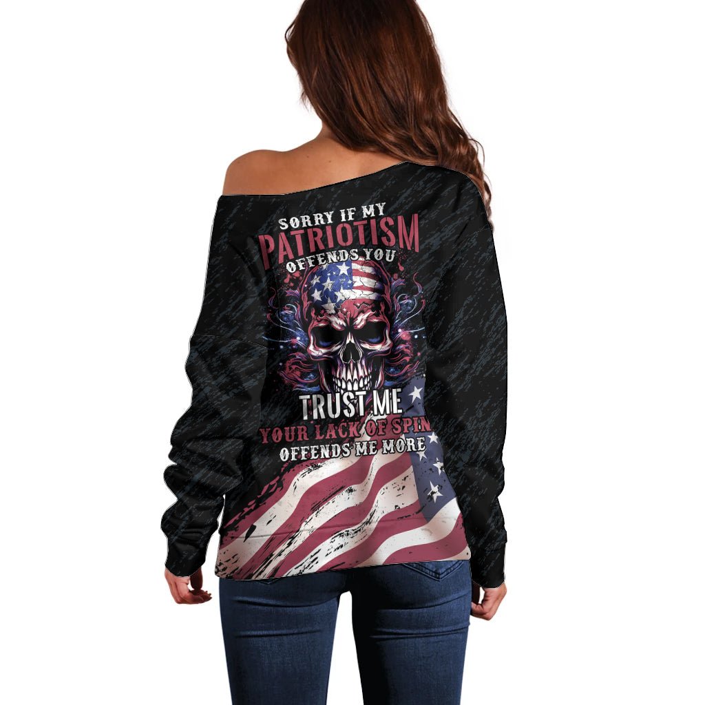 American Flag Skull Off Shoulder Sweater Sorry If My Patriotism Offends You Trust Me TS04 - The Mazicc - Women - 2XS - Black Grunge