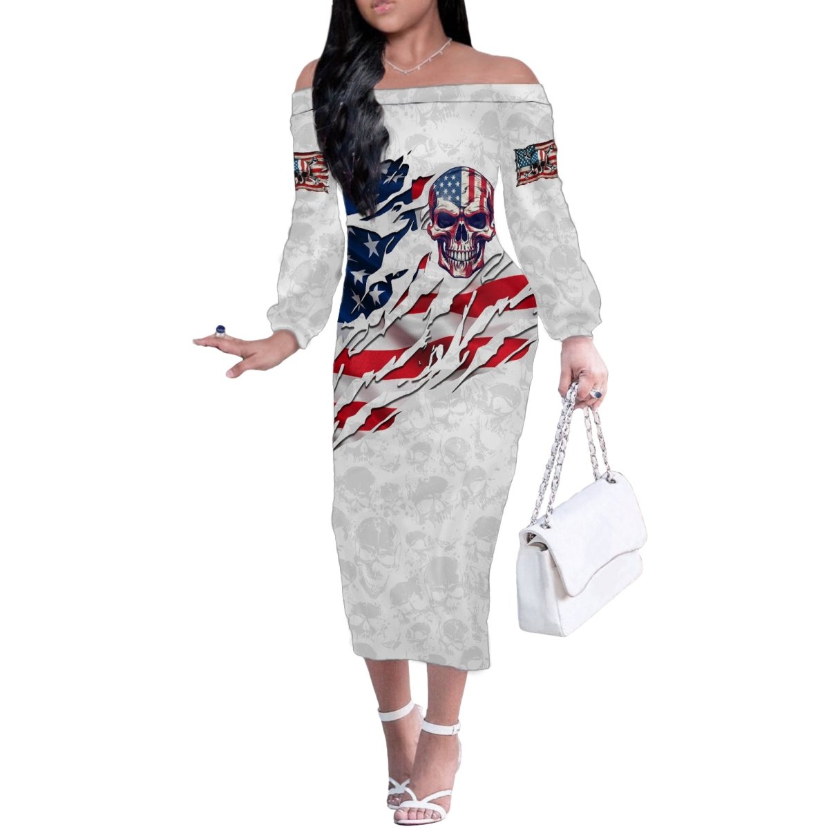 American Flag Skull Off The Shoulder Long Sleeve Dress DT02 - The Mazicc - Women - S - White