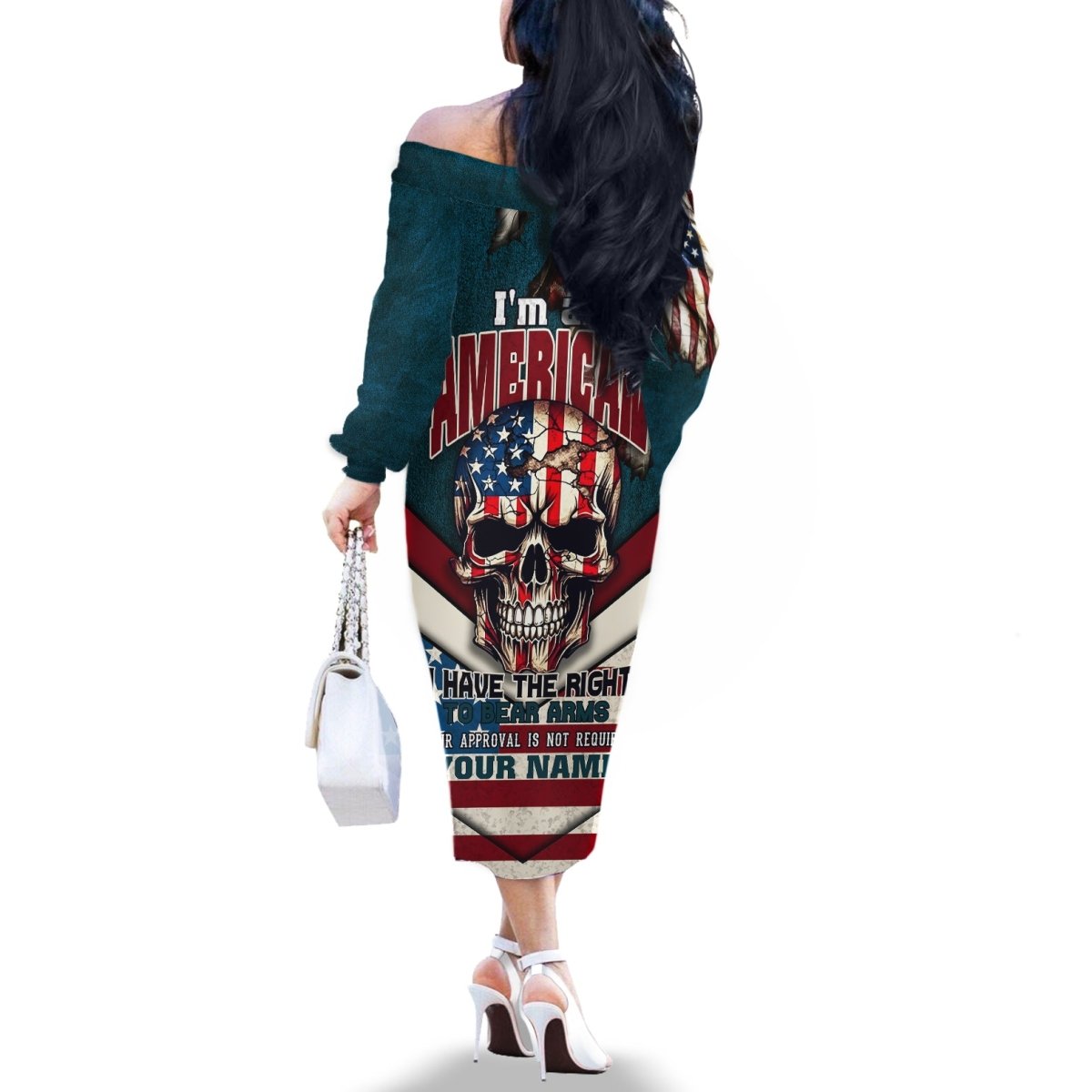 American Flag Skull Off The Shoulder Long Sleeve Dress I'm an American I Have The Right To Bear Arms Your Approval Is Not Required TS04 - The Mazicc - Women - S - Dark Cyan