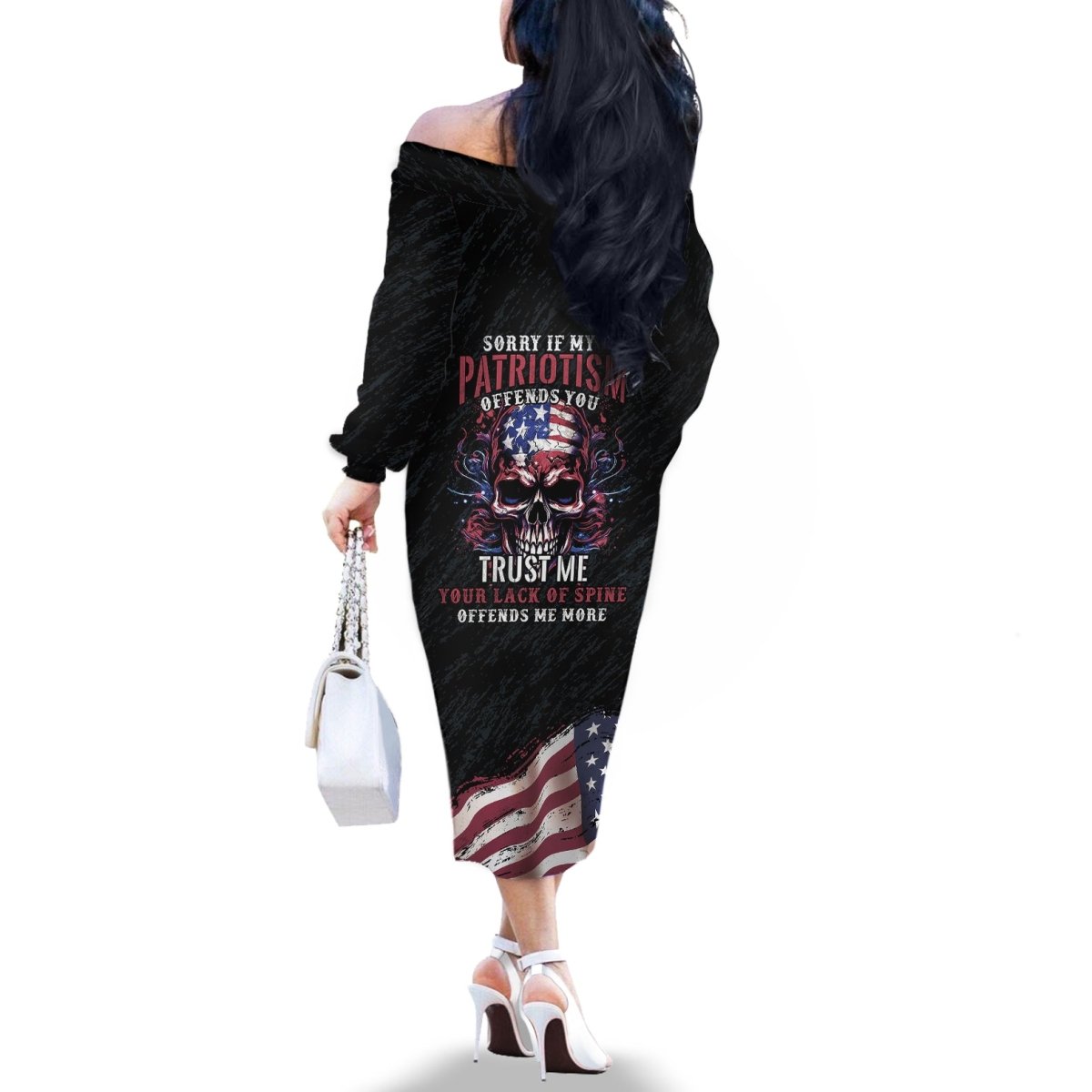 American Flag Skull Off The Shoulder Long Sleeve Dress Sorry If My Patriotism Offends You Trust Me TS04 - The Mazicc - Women - S - Black Grunge