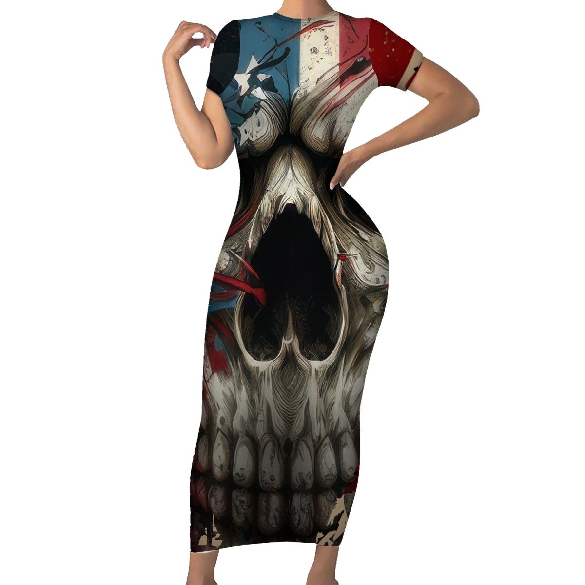 American Flag Skull Short Sleeve Bodycon Dress I'm Not Anti - Social I'm Just Not User Friendly TS04 - The Mazicc - Long Dress - S - Multicolor