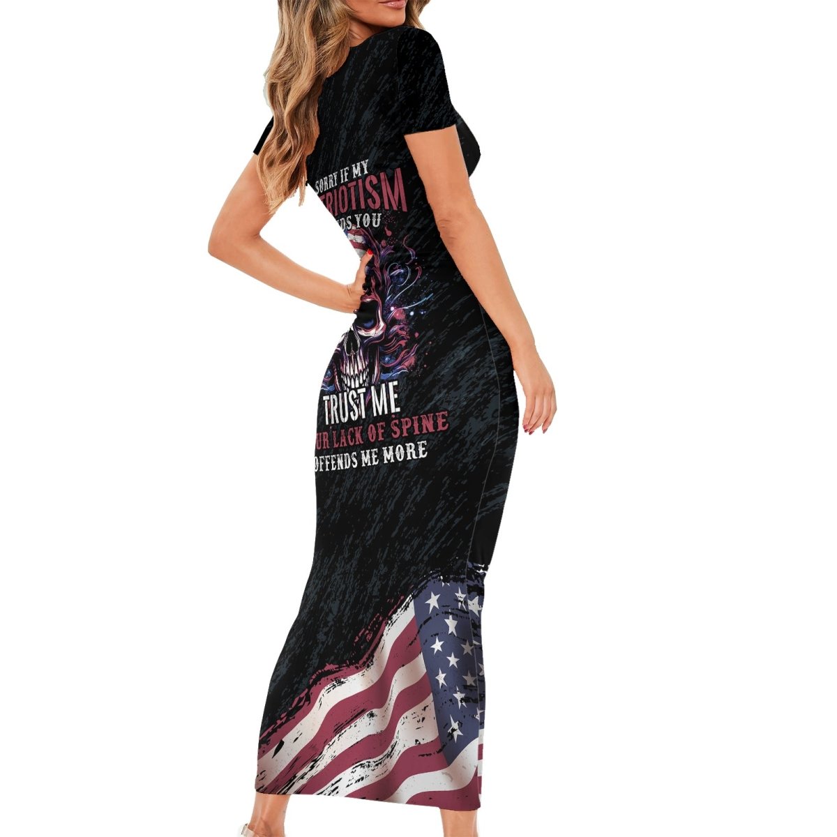 American Flag Skull Short Sleeve Bodycon Dress Sorry If My Patriotism Offends You Trust Me TS04 - The Mazicc - Long Dress - S - Black Grunge