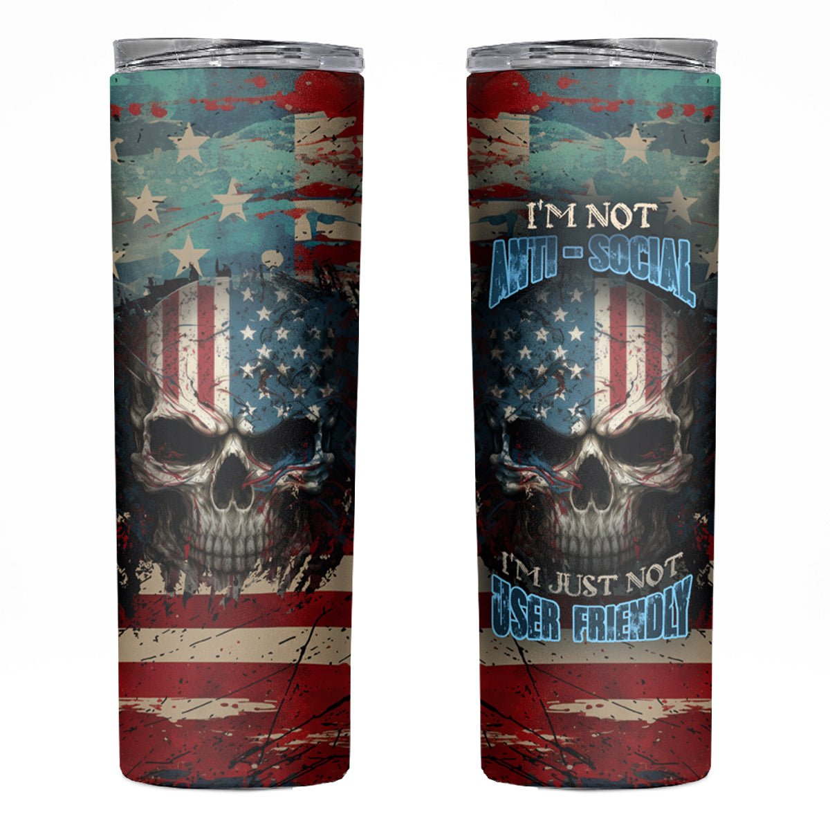 American Flag Skull Skinny Tumbler I'm Not Anti - Social I'm Just Not User Friendly TS04 - The Mazicc - 20oz - Multicolor -