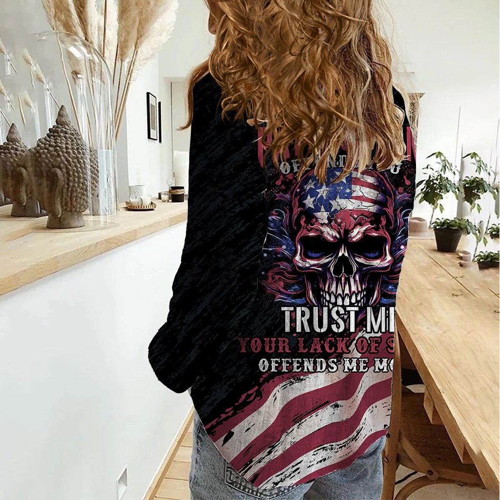 American Flag Skull Women Casual Shirt Sorry If My Patriotism Offends You Trust Me TS04 - The Mazicc - Female - S - Black Grunge