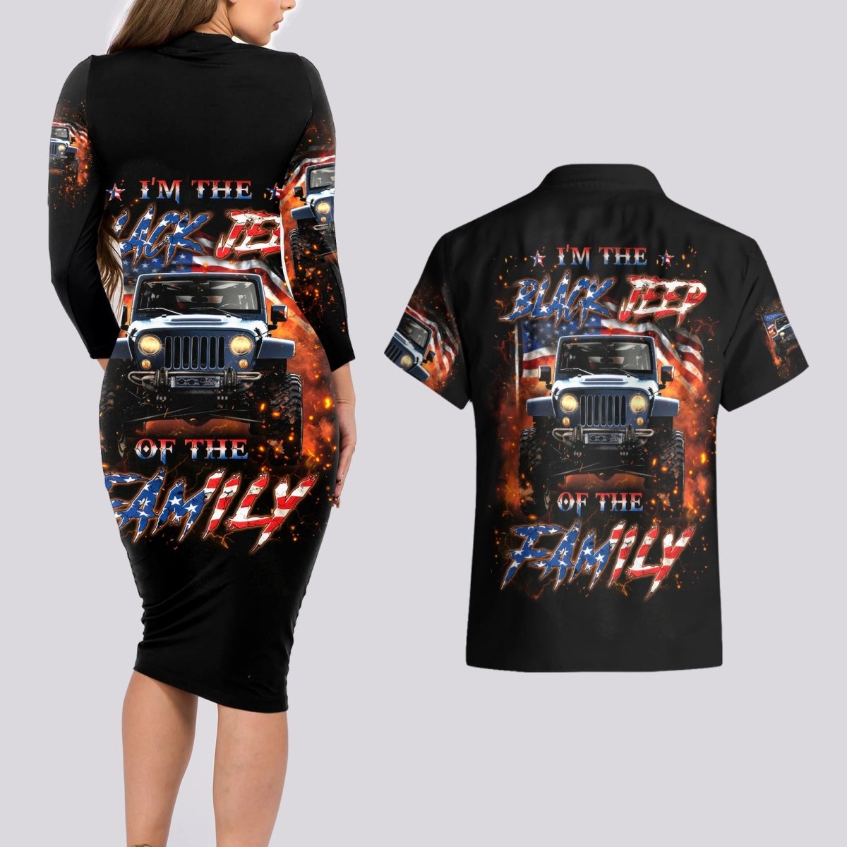 American Jeep Couples Matching Long Sleeve Bodycon Dress and Hawaiian Shirt I'm The Black Jeep Of The Family DT01 - The Mazicc - S - S - Black