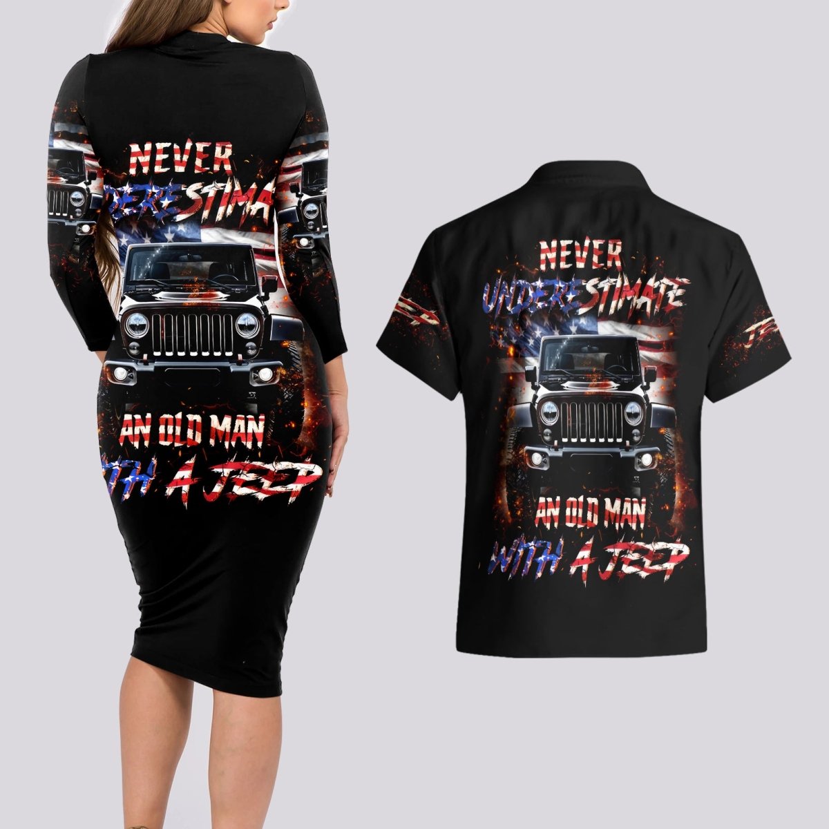 American Jeep Couples Matching Long Sleeve Bodycon Dress and Hawaiian Shirt Never Underestimate An Old Man With A Jeep DT01 - The Mazicc - S - S - Black