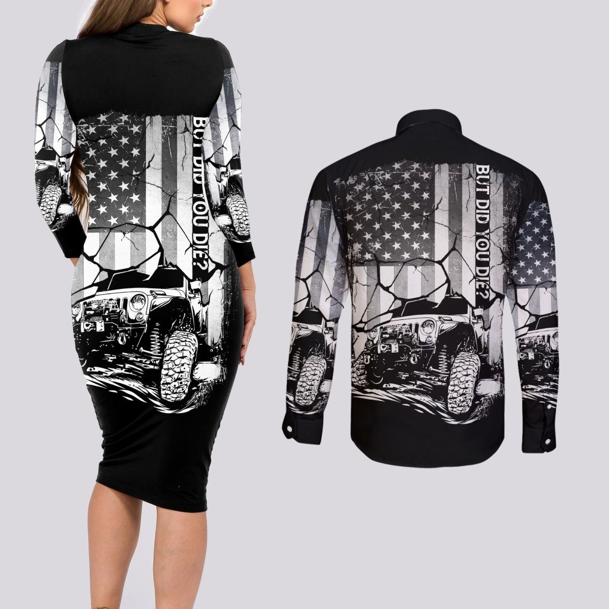 American Jeep Couples Matching Long Sleeve Bodycon Dress and Long Sleeve Button Shirt American Flag But Did You Die DT01 - The Mazicc - S - S - White