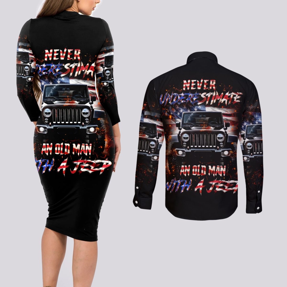 American Jeep Couples Matching Long Sleeve Bodycon Dress and Long Sleeve Button Shirt Never Underestimate An Old Man With A Jeep DT01 - The Mazicc - S - S - Black