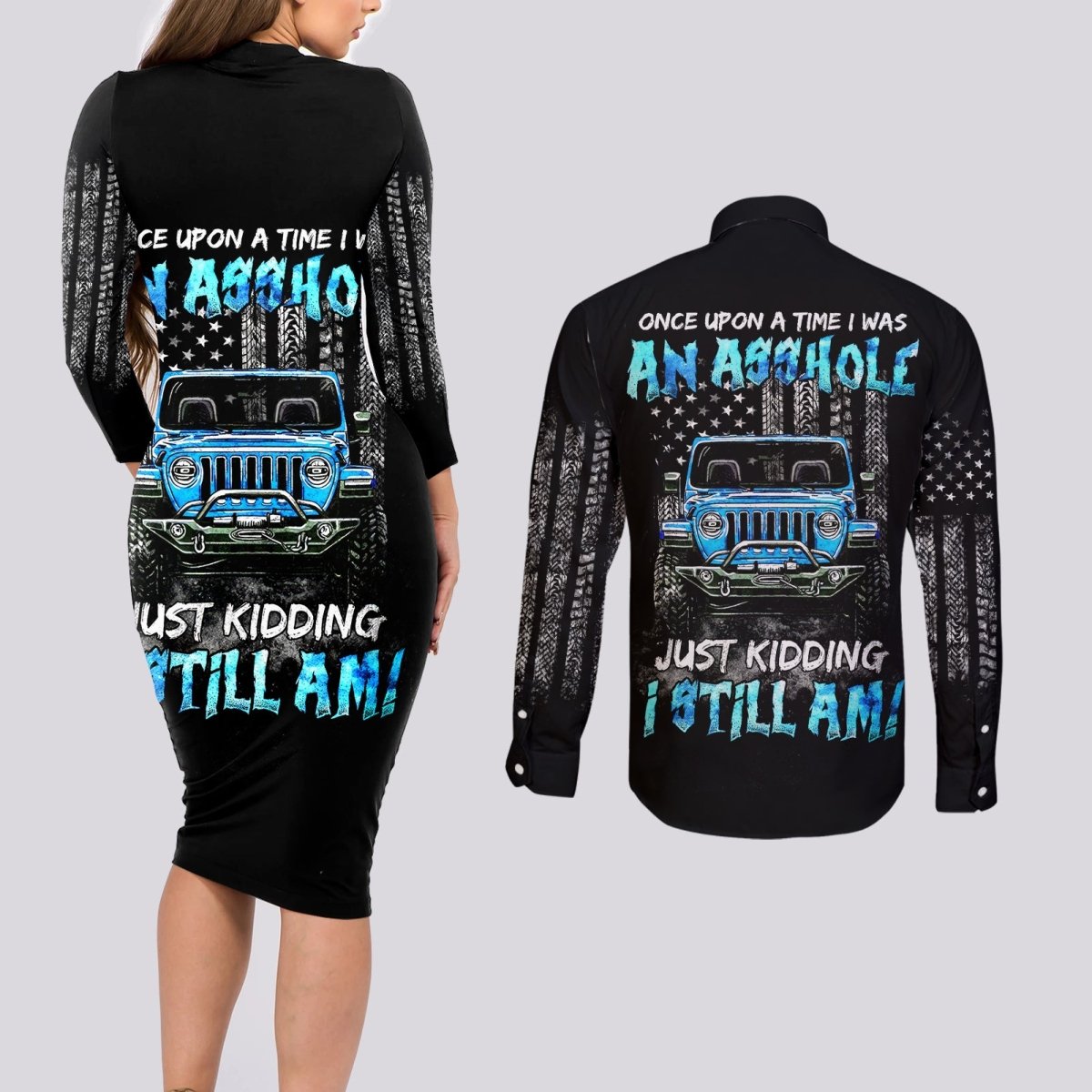 American Jeep Couples Matching Long Sleeve Bodycon Dress and Long Sleeve Button Shirt Once Upon A Time I Was An Asshole JKD I Still Am DT01 - The Mazicc - S - S - Black