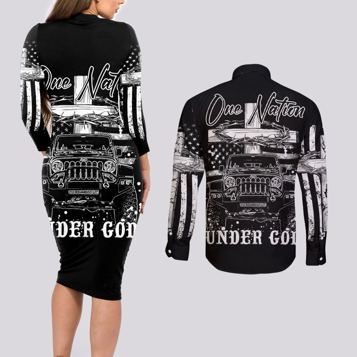 American Jeep Couples Matching Long Sleeve Bodycon Dress and Long Sleeve Button Shirt One Nation Under God DT01 - The Mazicc - S - S - Black