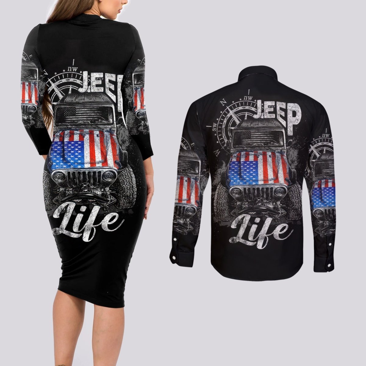 American Jeep Couples Matching Long Sleeve Bodycon Dress and Long Sleeve Button Shirt Vintage Jeep Life DT01 - The Mazicc - S - S - Black