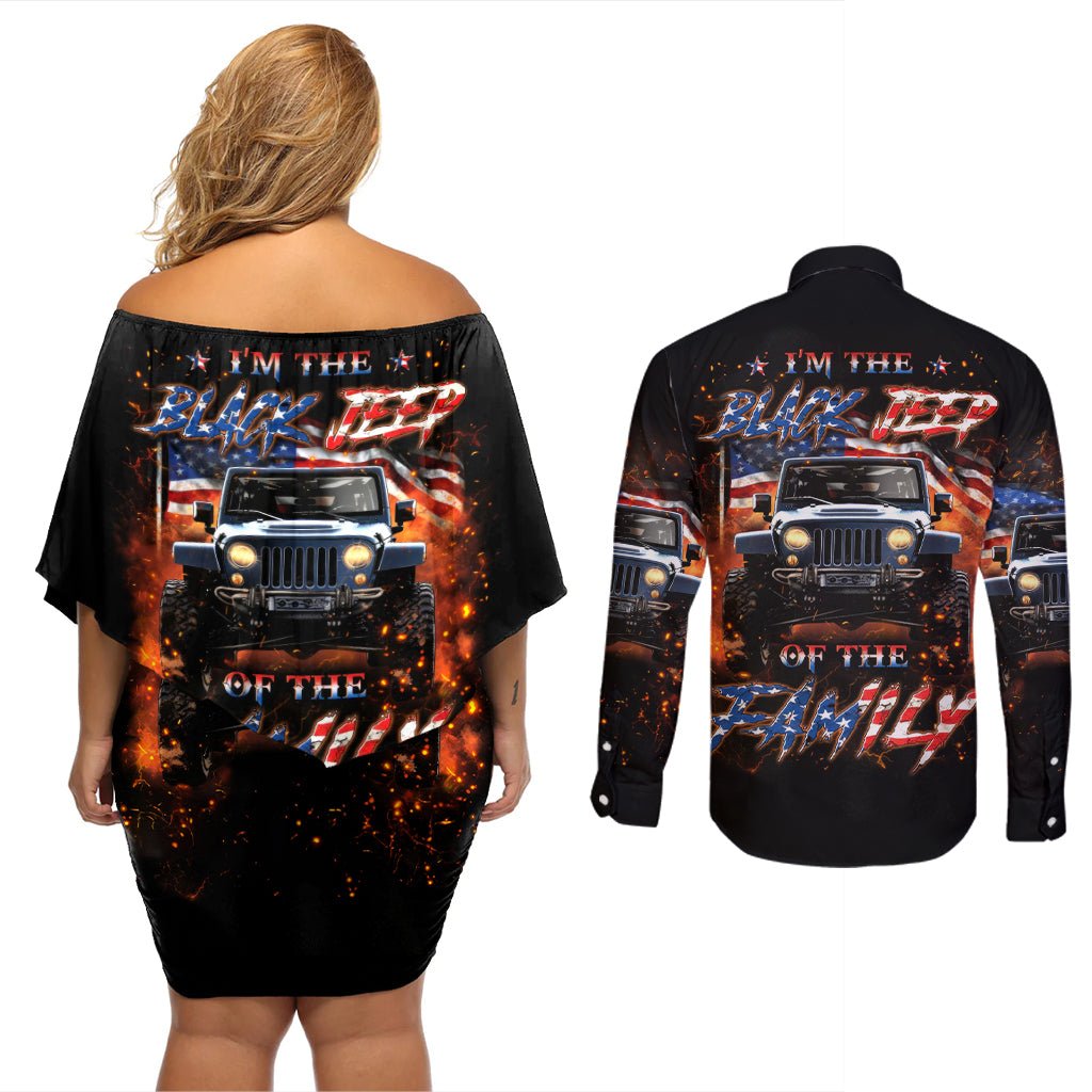 American Jeep Couples Matching Off Shoulder Short Dress and Long Sleeve Button Shirt I'm The Black Jeep Of The Family DT01 - The Mazicc - S - S - Black