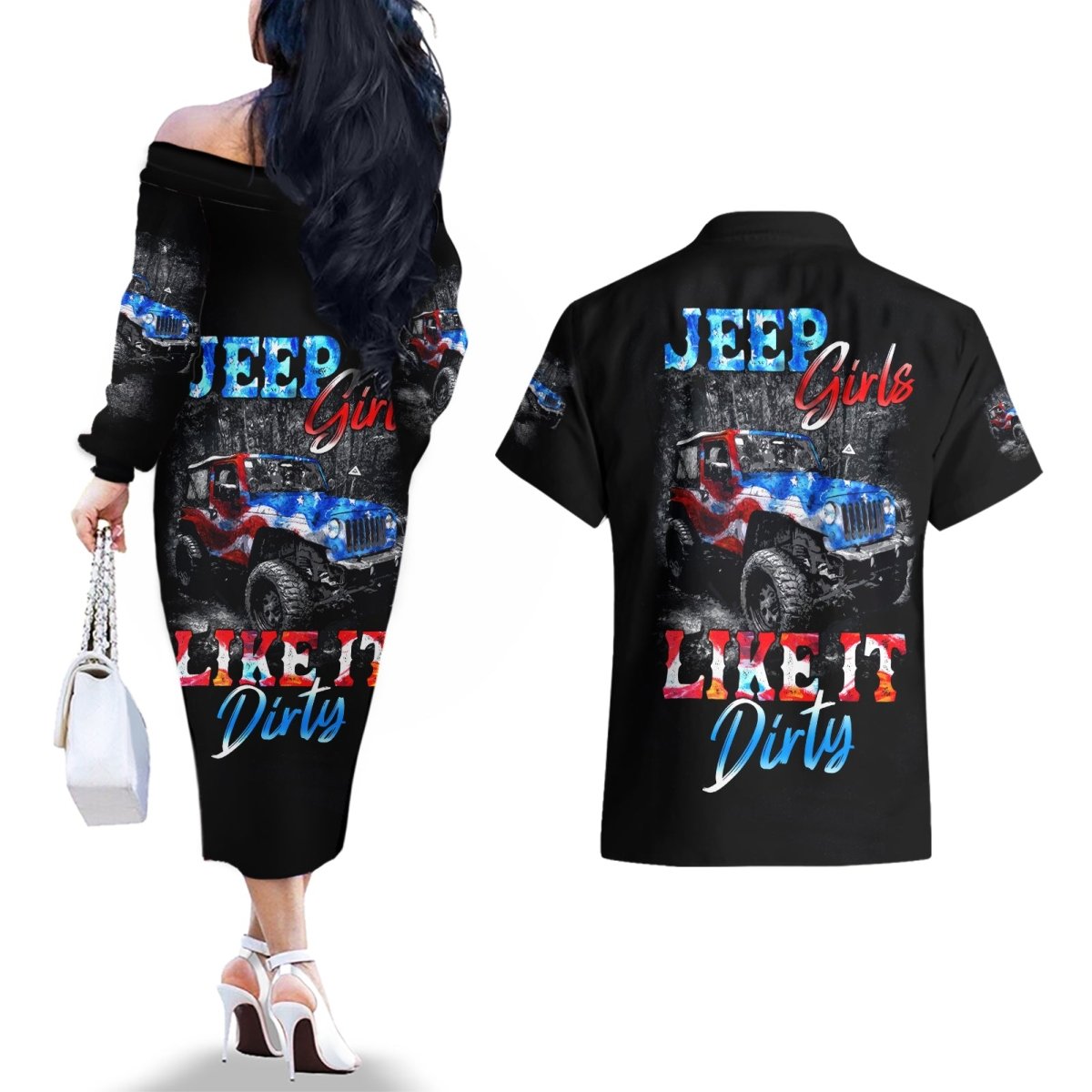 American Jeep Couples Matching Off The Shoulder Long Sleeve Dress and Hawaiian Shirt Jeep Girls Like It Dirty DT01 - The Mazicc - S - S - Black