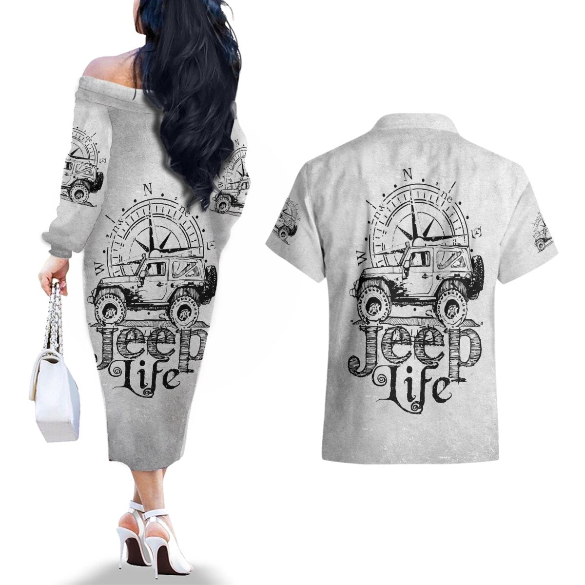 American Jeep Couples Matching Off The Shoulder Long Sleeve Dress and Hawaiian Shirt Sketch Art Jeep Life DT01 - The Mazicc - S - S - Gray