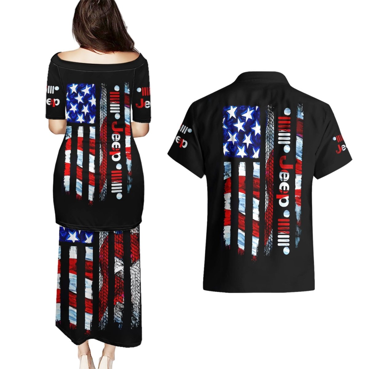 American Jeep Couples Matching Puletasi and Hawaiian Shirt American Flag Jeep Life DT01 - The Mazicc - S - S - Black