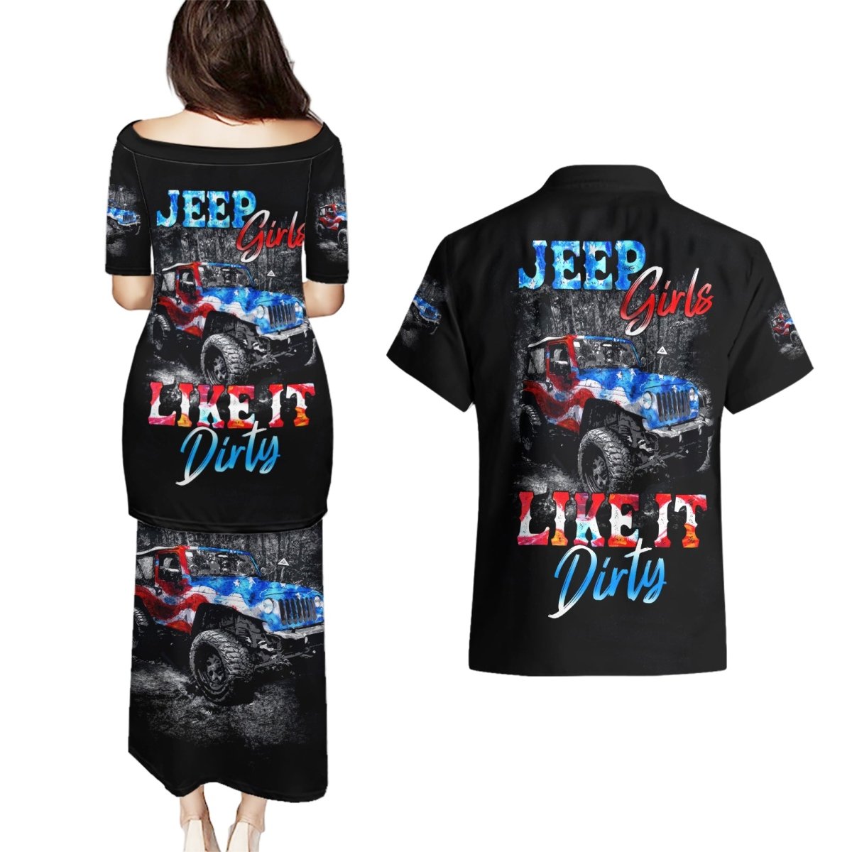 American Jeep Couples Matching Puletasi and Hawaiian Shirt Jeep Girls Like It Dirty DT01 - The Mazicc - S - S - Black