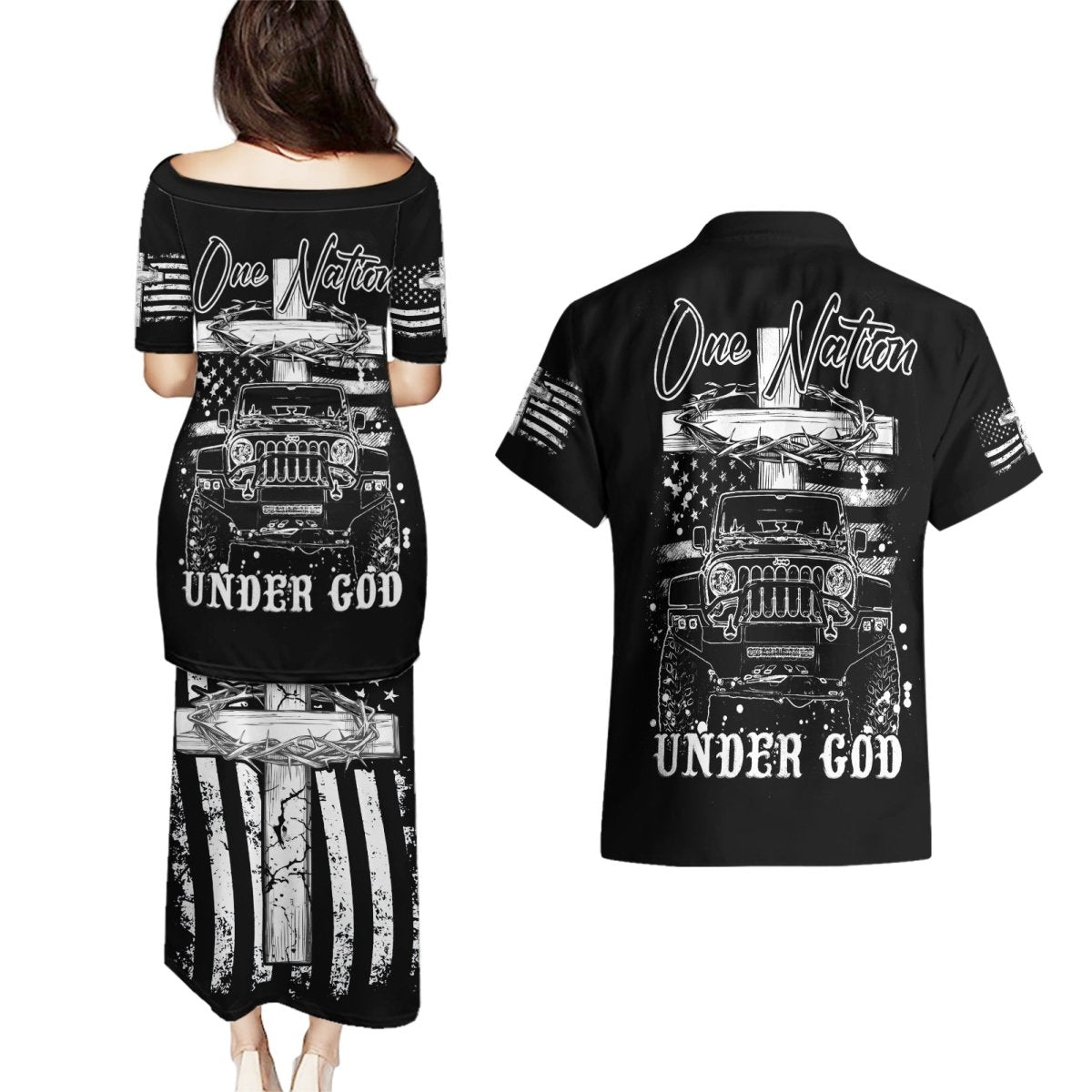 American Jeep Couples Matching Puletasi and Hawaiian Shirt One Nation Under God DT01 - The Mazicc - S - S - Black