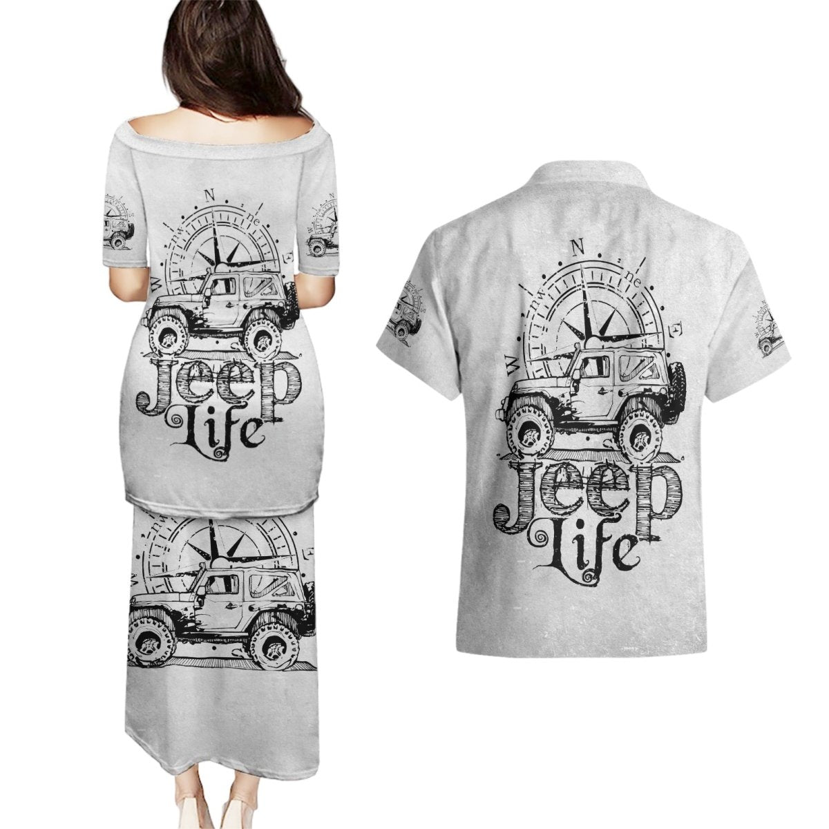 American Jeep Couples Matching Puletasi and Hawaiian Shirt Sketch Art Jeep Life DT01 - The Mazicc - S - S - Gray