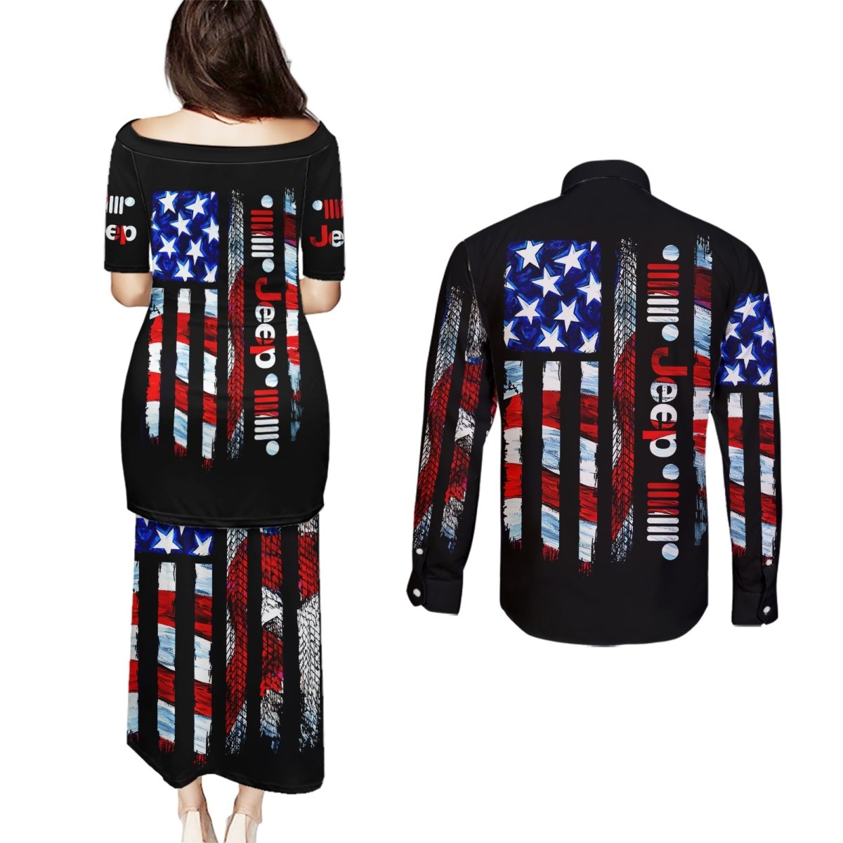 American Jeep Couples Matching Puletasi and Long Sleeve Button Shirt American Flag Jeep Life DT01 - The Mazicc - S - S - Black