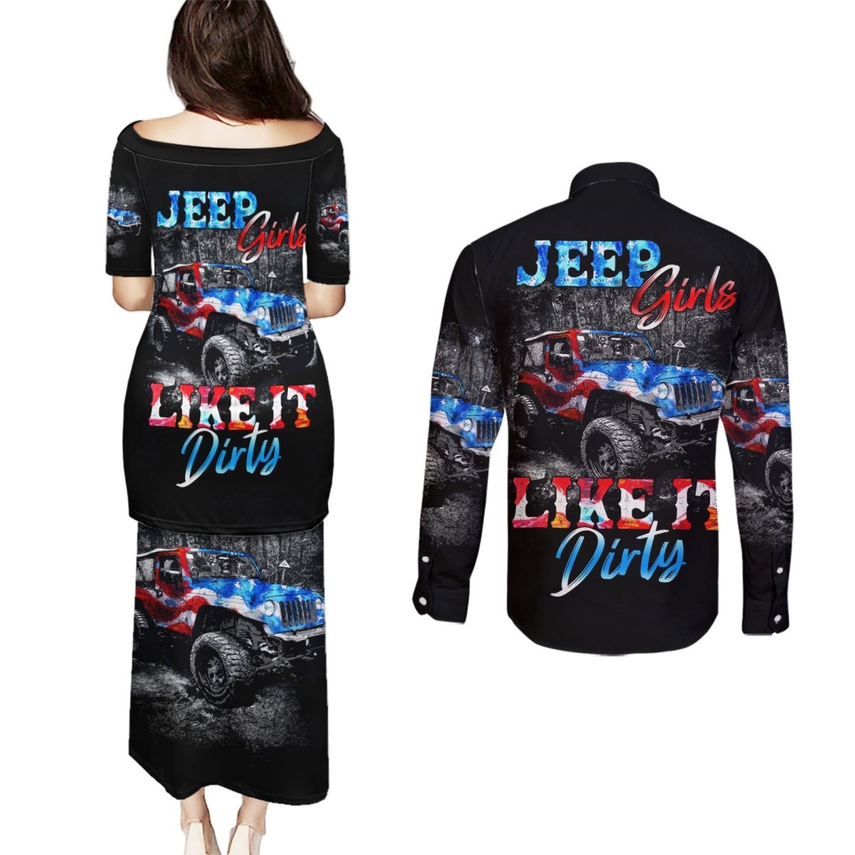 American Jeep Couples Matching Puletasi and Long Sleeve Button Shirt Jeep Girls Like It Dirty DT01 - The Mazicc - S - S - Black