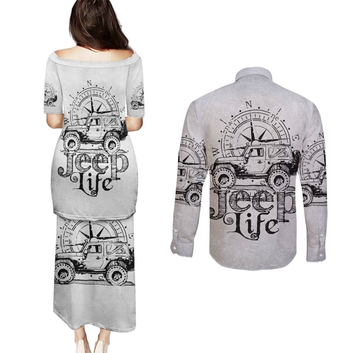 American Jeep Couples Matching Puletasi and Long Sleeve Button Shirt Sketch Art Jeep Life DT01 - The Mazicc - S - S - Gray