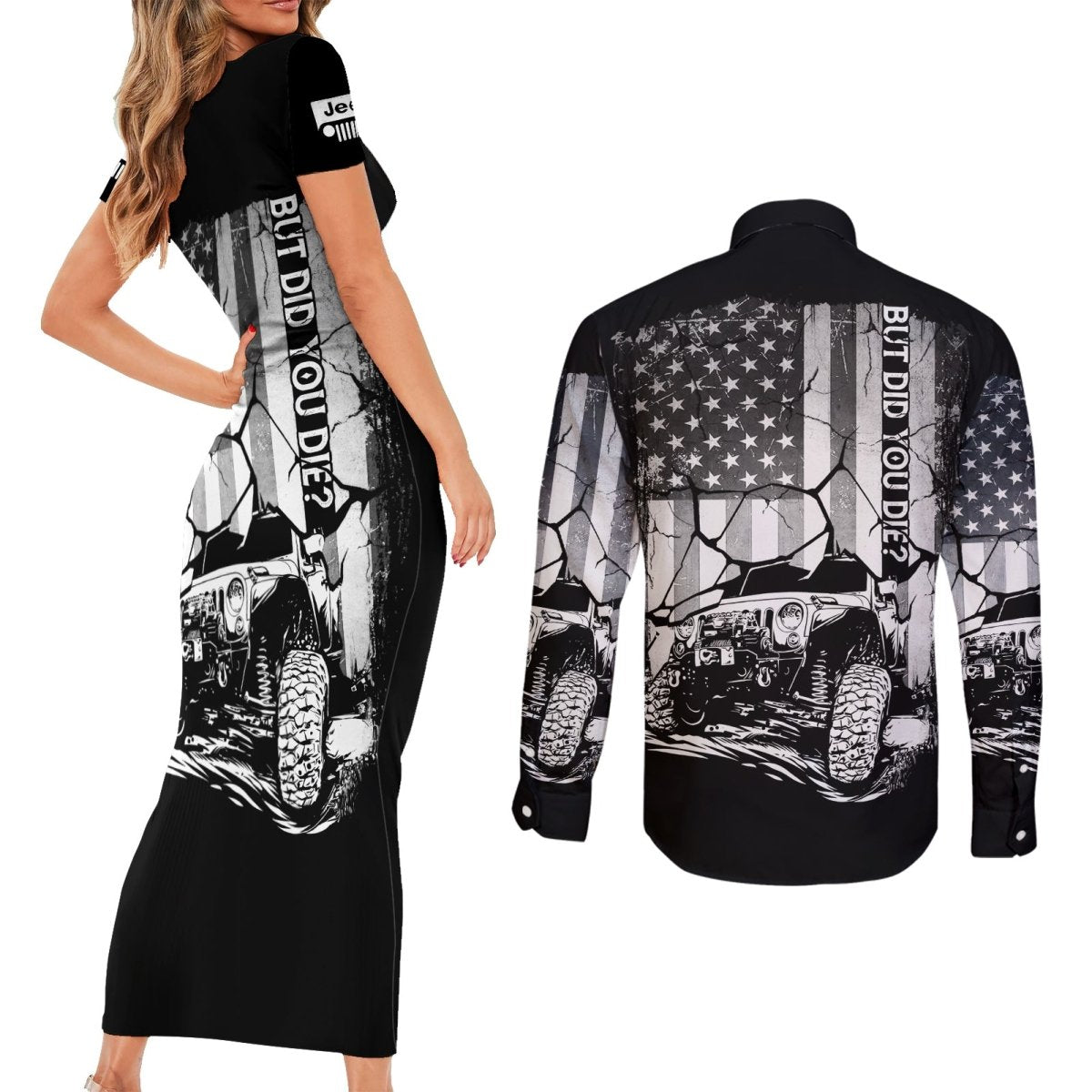 American Jeep Couples Matching Short Sleeve Bodycon Dress and Long Sleeve Button Shirt American Flag But Did You Die DT01 - The Mazicc - S - S - White