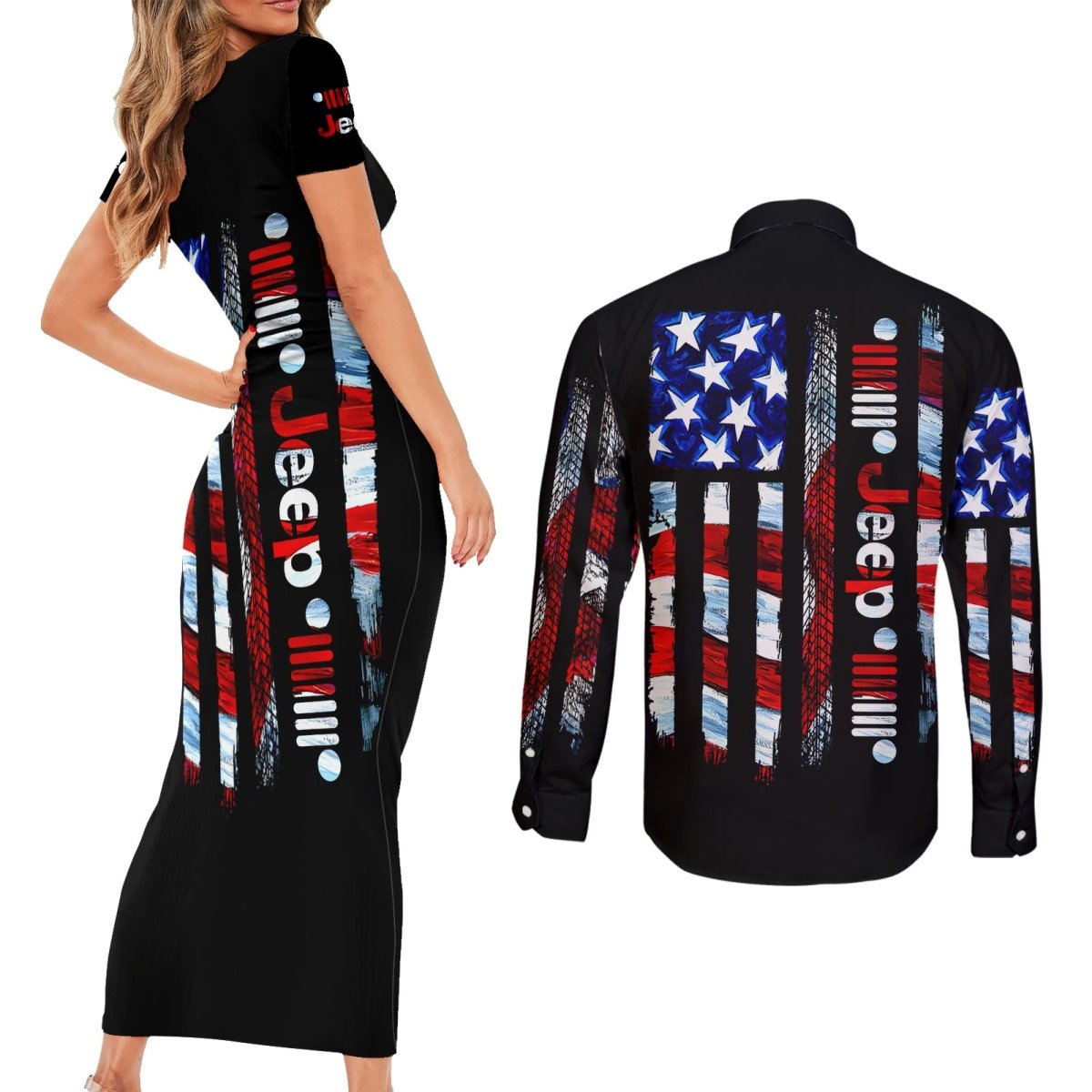 American Jeep Couples Matching Short Sleeve Bodycon Dress and Long Sleeve Button Shirt American Flag Jeep Life DT01 - The Mazicc - S - S - Black