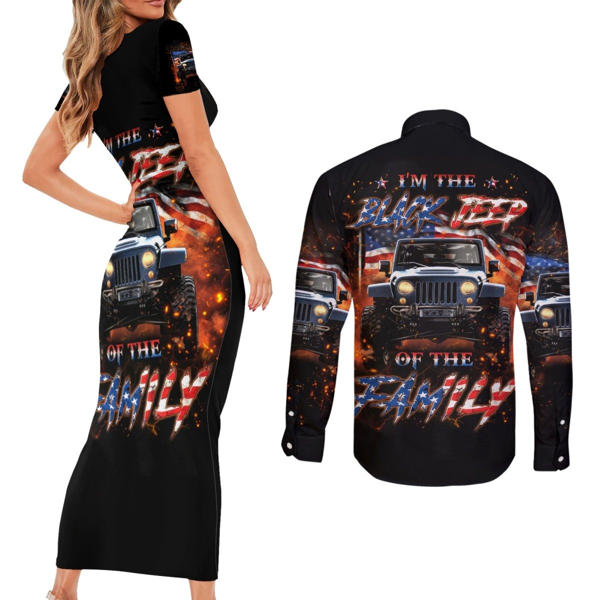 American Jeep Couples Matching Short Sleeve Bodycon Dress and Long Sleeve Button Shirt I'm The Black Jeep Of The Family DT01 - The Mazicc - S - S - Black