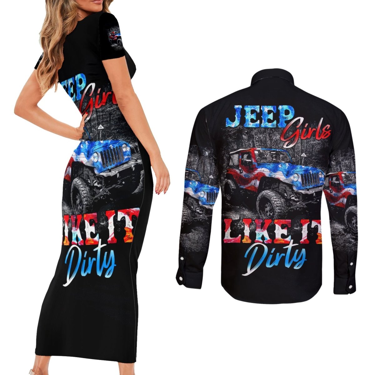 American Jeep Couples Matching Short Sleeve Bodycon Dress and Long Sleeve Button Shirt Jeep Girls Like It Dirty DT01 - The Mazicc - S - S - Black