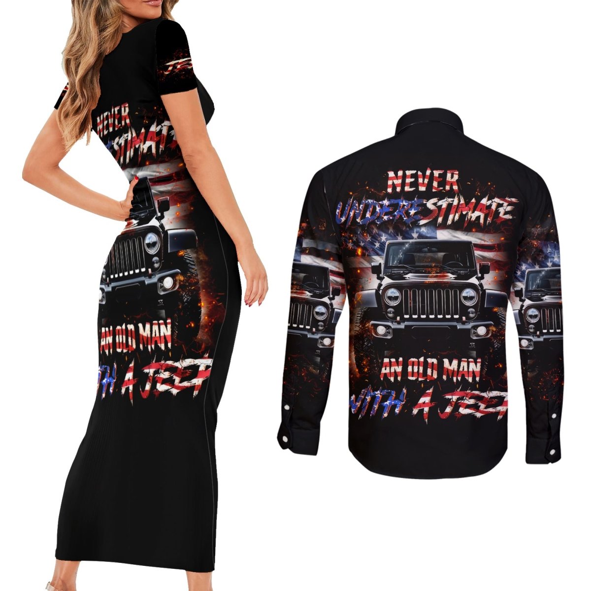 American Jeep Couples Matching Short Sleeve Bodycon Dress and Long Sleeve Button Shirt Never Underestimate An Old Man With A Jeep DT01 - The Mazicc - S - S - Black