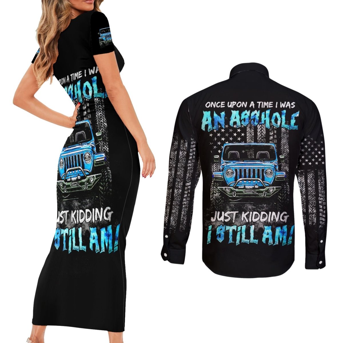 American Jeep Couples Matching Short Sleeve Bodycon Dress and Long Sleeve Button Shirt Once Upon A Time I Was An Asshole JKD I Still Am DT01 - The Mazicc - S - S - Black