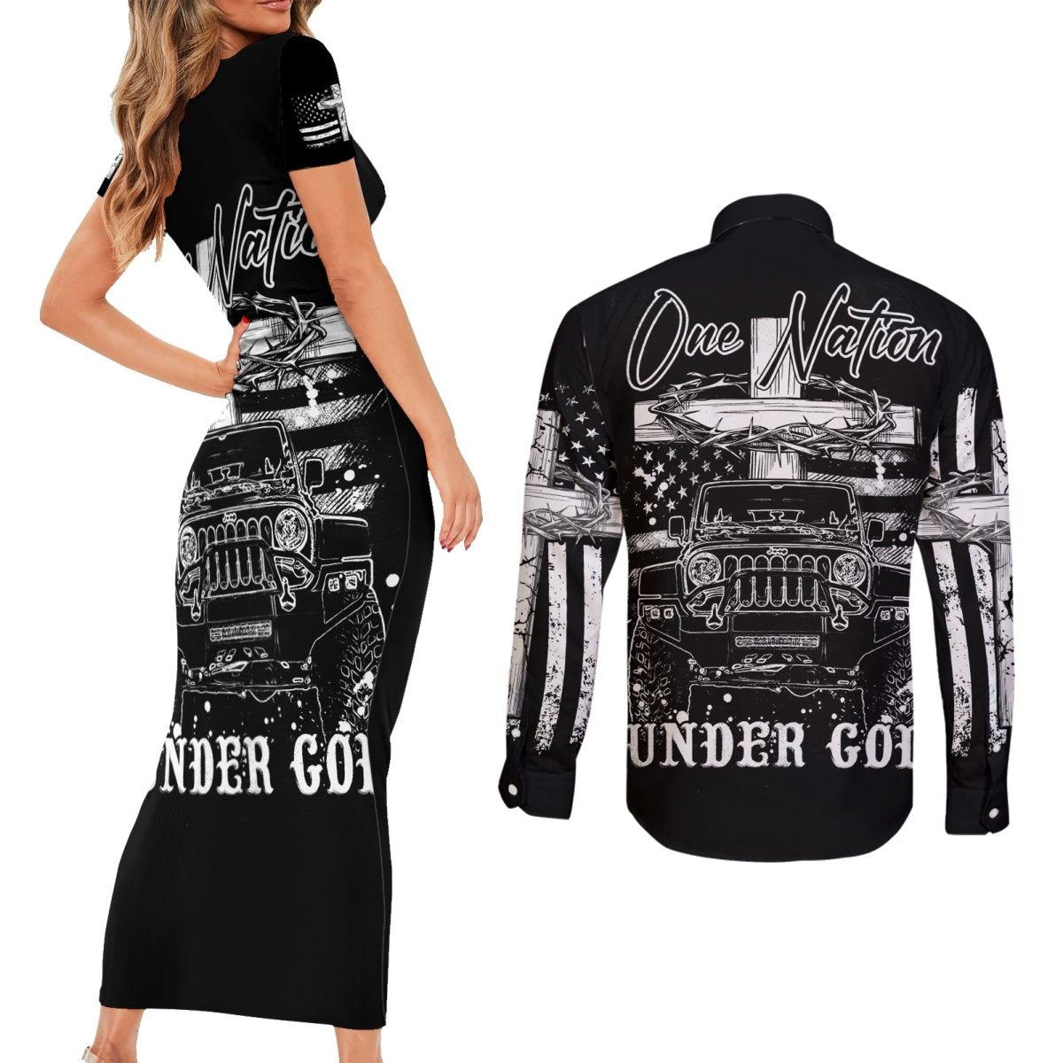 American Jeep Couples Matching Short Sleeve Bodycon Dress and Long Sleeve Button Shirt One Nation Under God DT01 - The Mazicc - S - S - Black