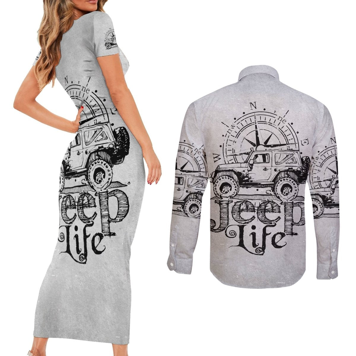 American Jeep Couples Matching Short Sleeve Bodycon Dress and Long Sleeve Button Shirt Sketch Art Jeep Life DT01 - The Mazicc - S - S - Gray