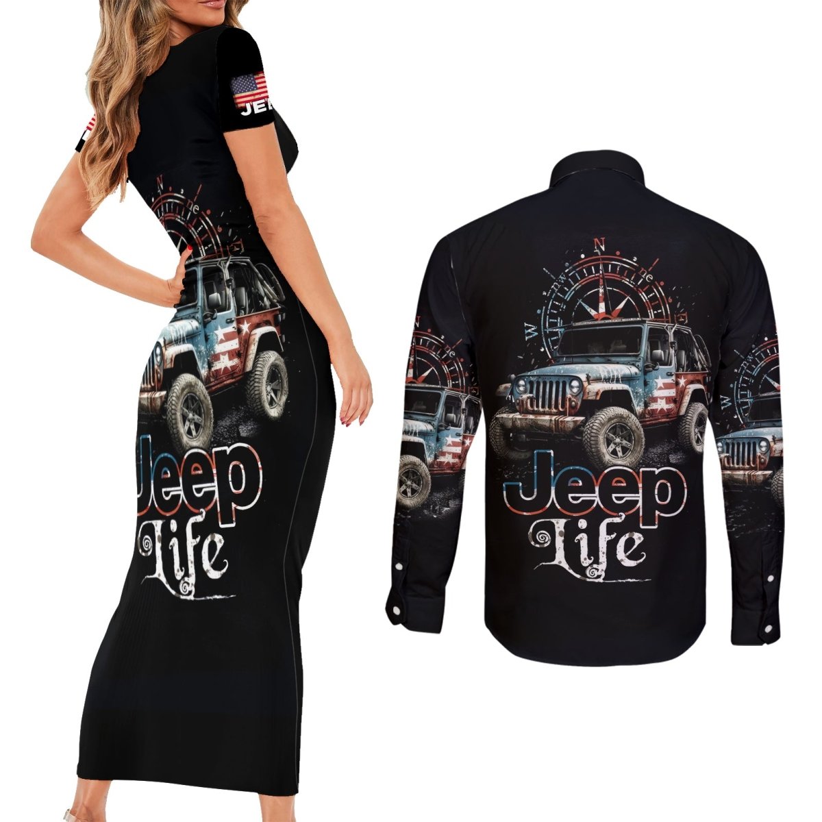 American Jeep Couples Matching Short Sleeve Bodycon Dress and Long Sleeve Button Shirt Vintage Jeep Life DT01 - The Mazicc - S - S - Black