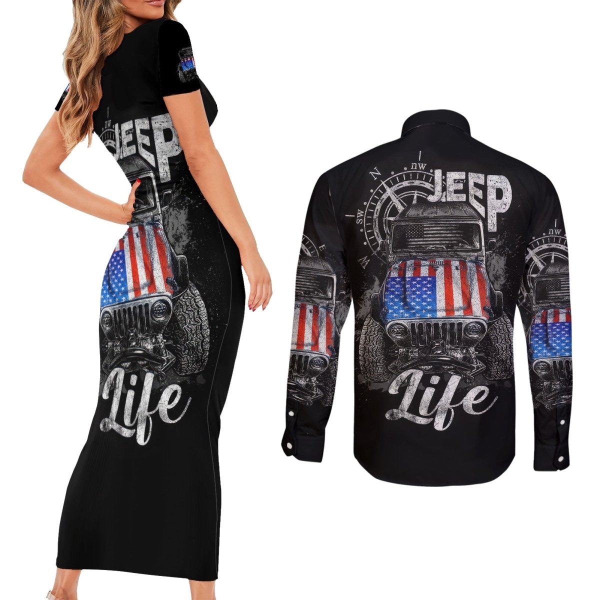 American Jeep Couples Matching Short Sleeve Bodycon Dress and Long Sleeve Button Shirt Vintage Jeep Life DT01 - The Mazicc - S - S - Black