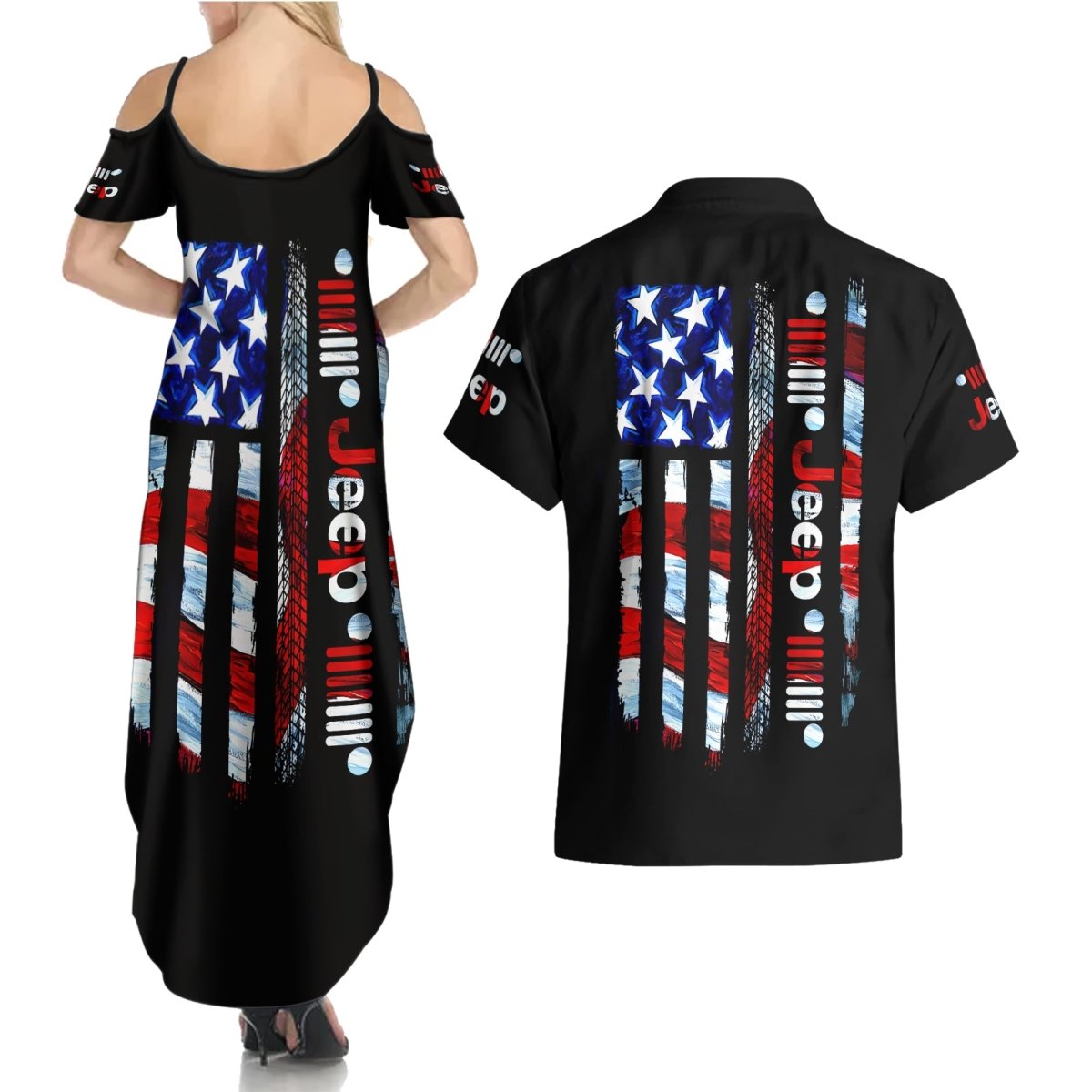 American Jeep Couples Matching Summer Maxi Dress and Hawaiian Shirt American Flag Jeep Life DT01 - The Mazicc - S - S - Black