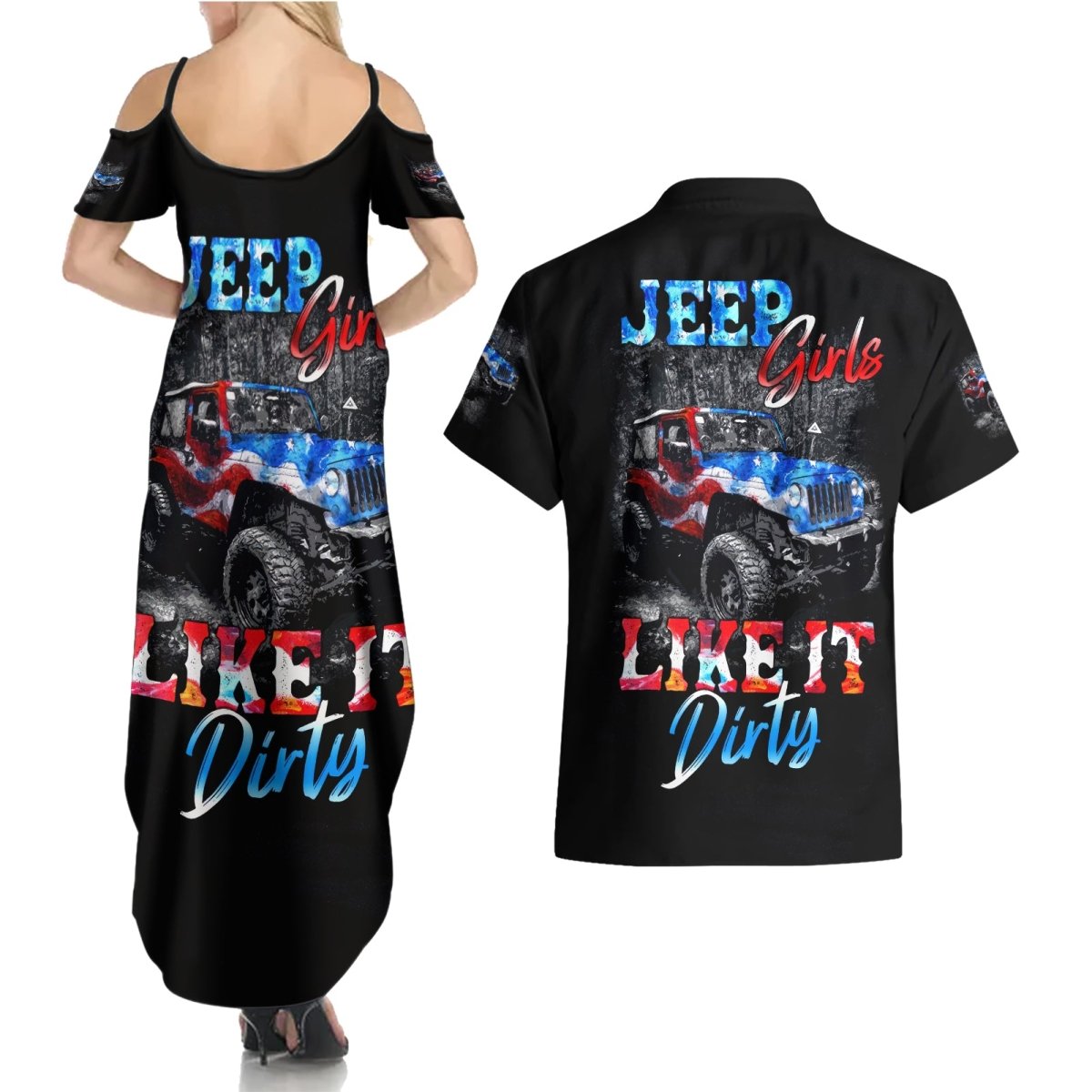 American Jeep Couples Matching Summer Maxi Dress and Hawaiian Shirt Jeep Girls Like It Dirty DT01 - The Mazicc - S - S - Black