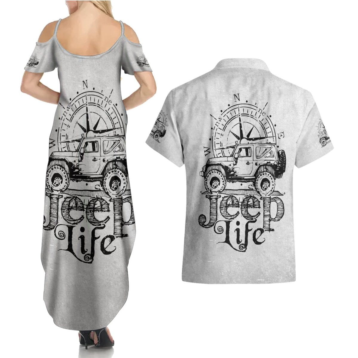 American Jeep Couples Matching Summer Maxi Dress and Hawaiian Shirt Sketch Art Jeep Life DT01 - The Mazicc - S - S - Gray