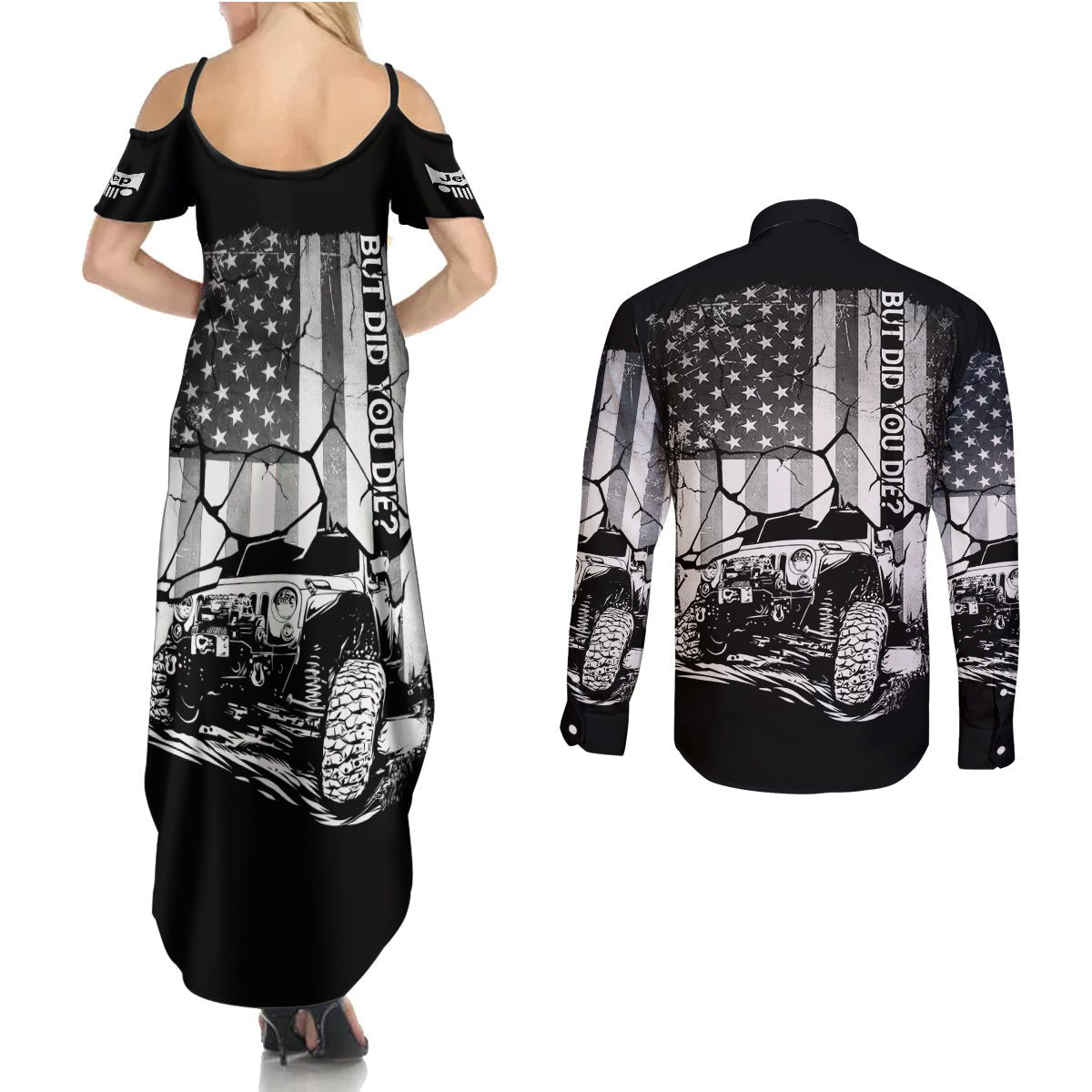 American Jeep Couples Matching Summer Maxi Dress and Long Sleeve Button Shirt American Flag But Did You Die DT01 - The Mazicc - S - S - White