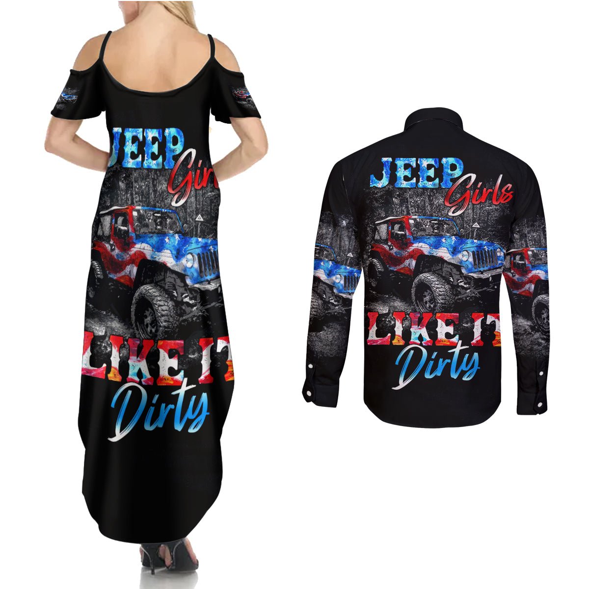 American Jeep Couples Matching Summer Maxi Dress and Long Sleeve Button Shirt Jeep Girls Like It Dirty DT01 - The Mazicc - S - S - Black