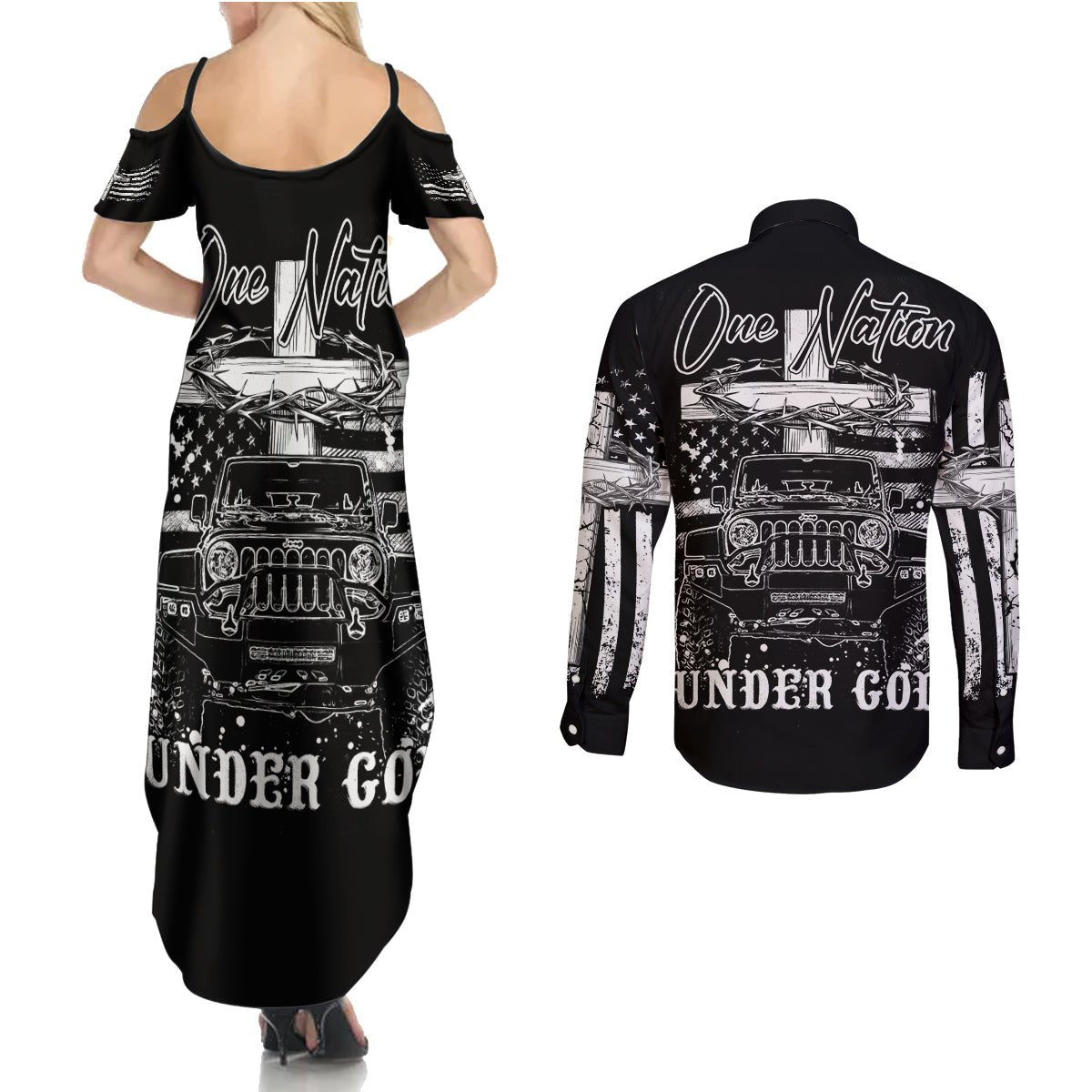 American Jeep Couples Matching Summer Maxi Dress and Long Sleeve Button Shirt One Nation Under God DT01 - The Mazicc - S - S - Black