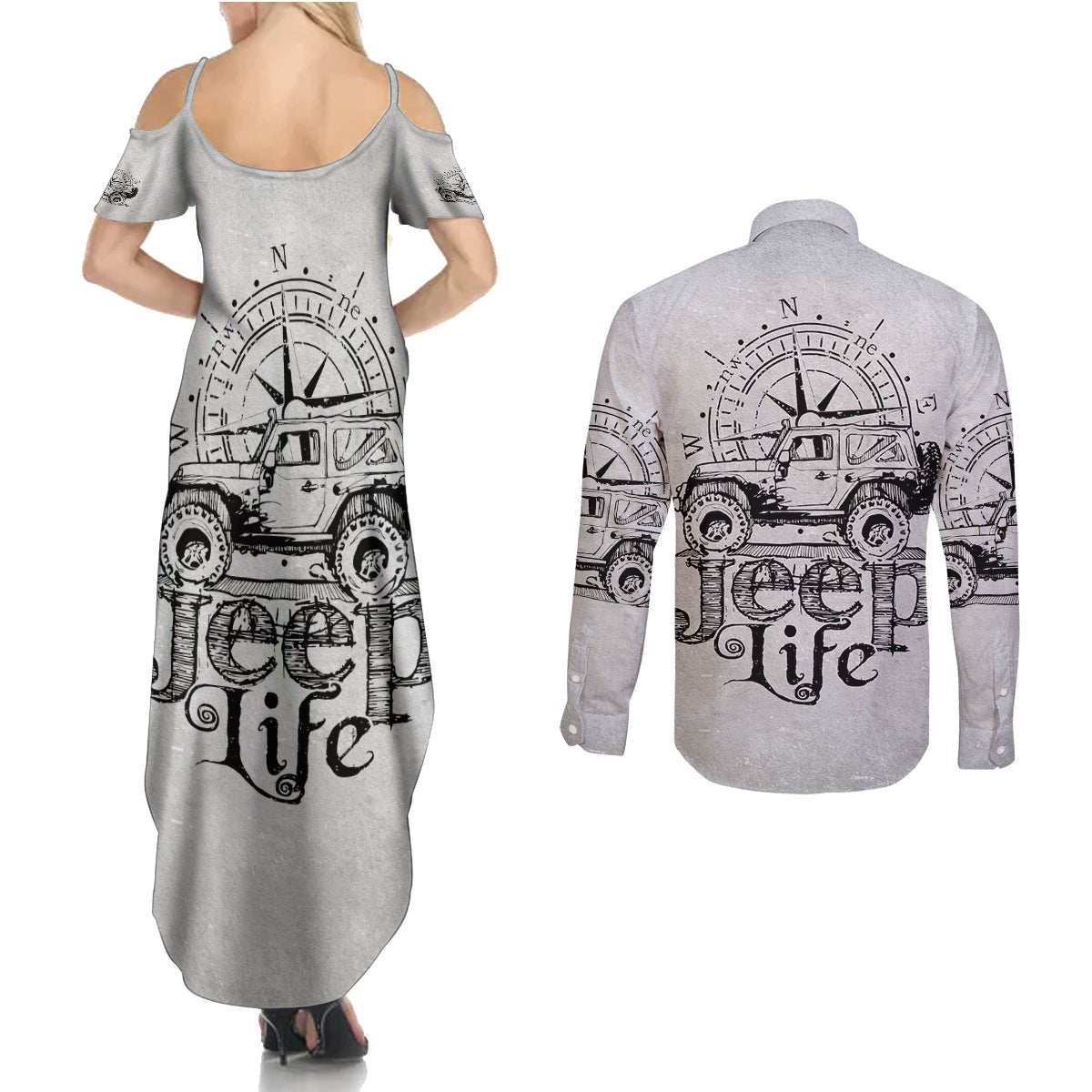 American Jeep Couples Matching Summer Maxi Dress and Long Sleeve Button Shirt Sketch Art Jeep Life DT01 - The Mazicc - S - S - Gray